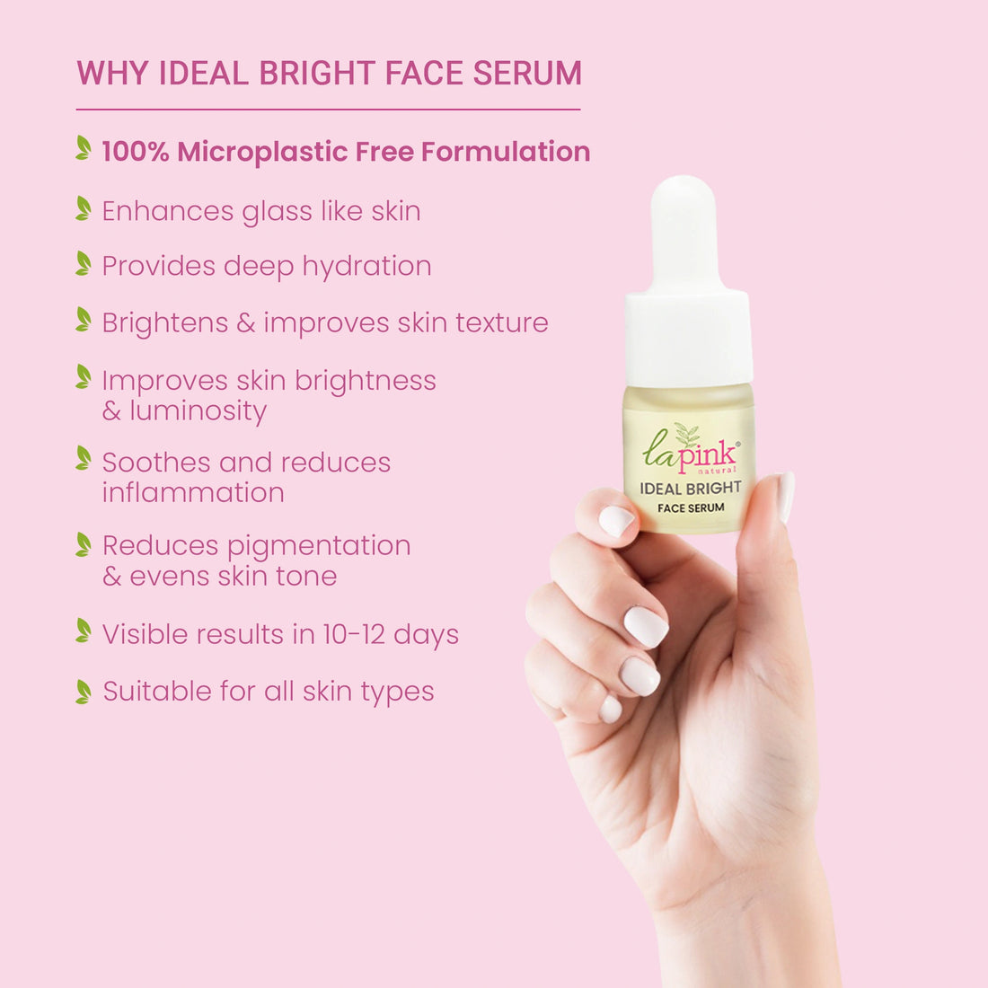 Face serum bottle held in a hand against a pink background with text listing benefits.