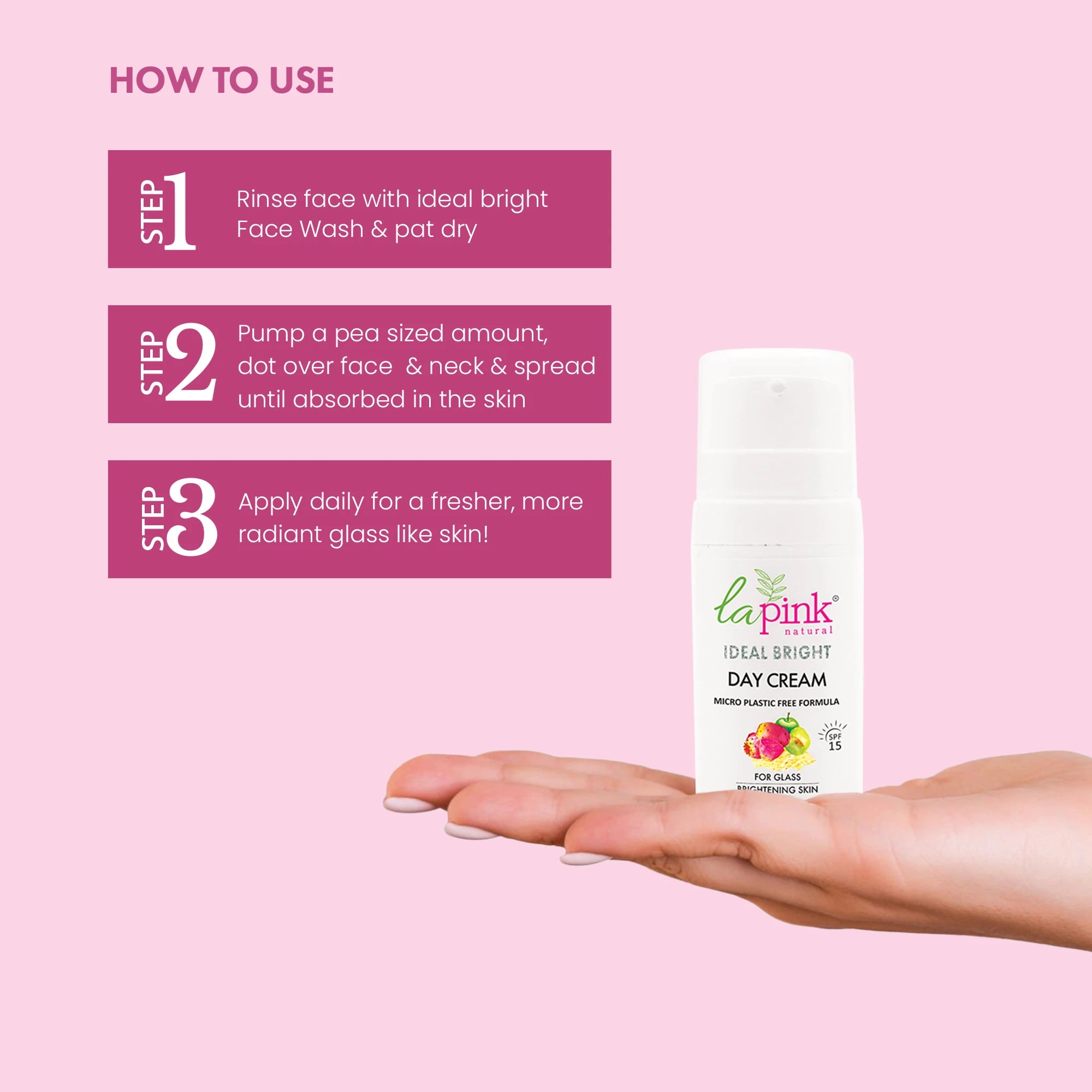 Day cream with application steps on a pink background