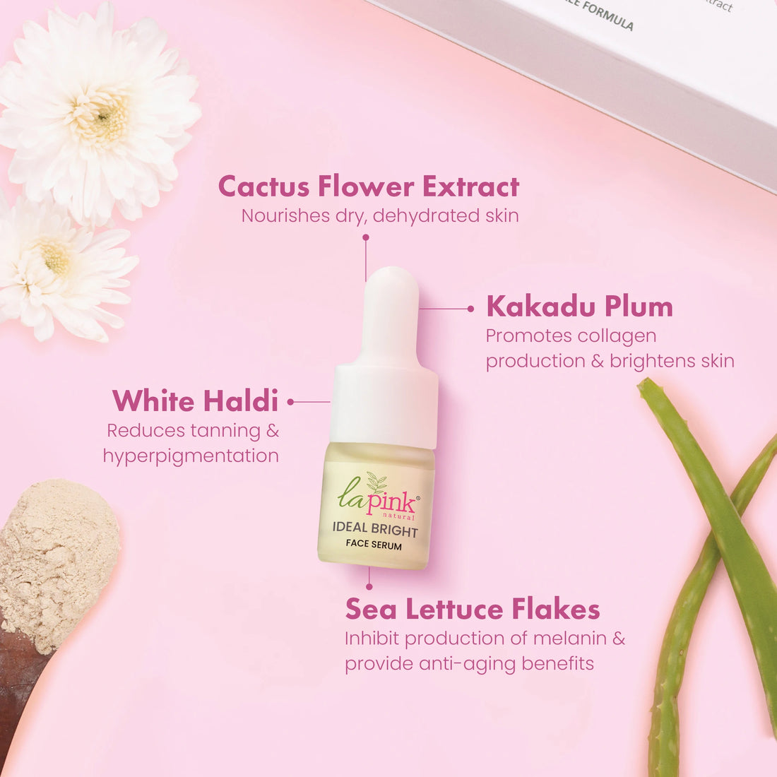 The image displays a bottle of face serum with key ingredients listed such as Cactus Flower Extract, Kakadu Plum, and White Haldi, along with Sea Lettuce Flakes. The background is pink with decorative elements like flowers and leaves.