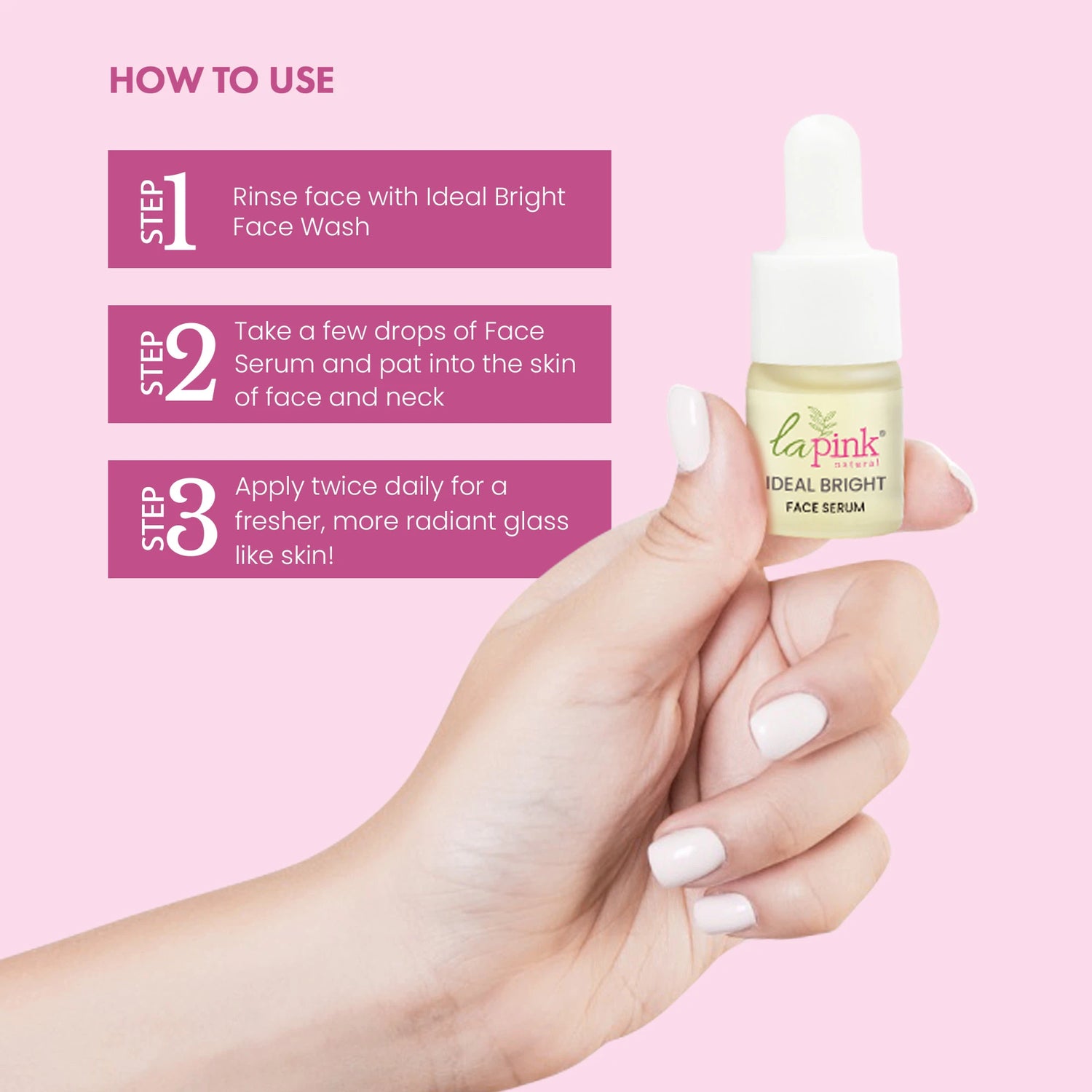 Face serum bottle held in a hand with usage instructions on a pink background