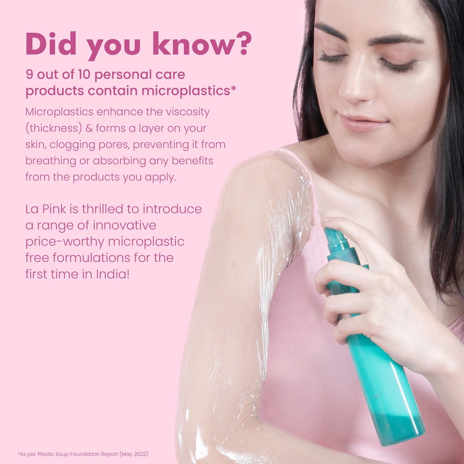 Woman applying a personal care product with text about microplastics on a pink background.