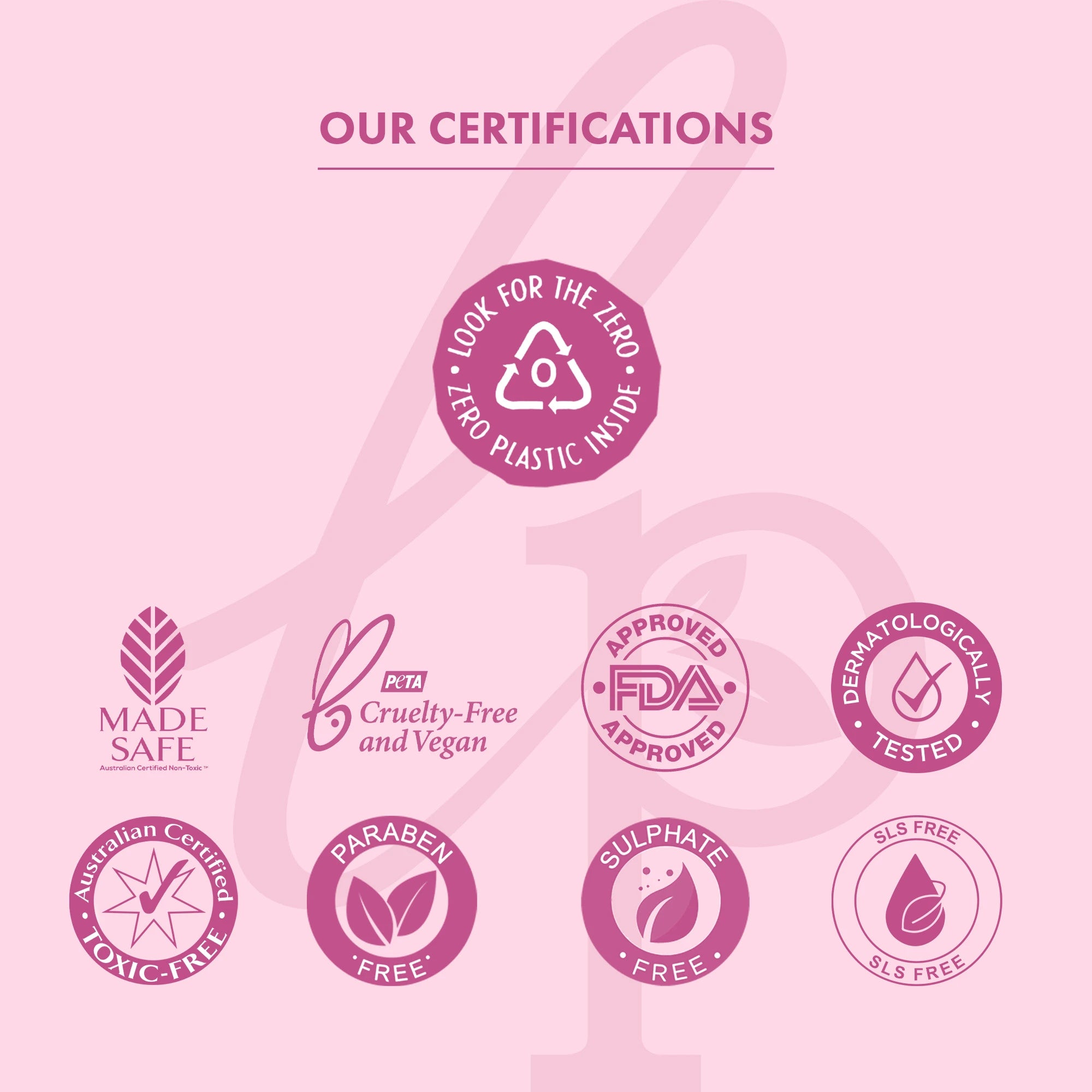 Collection of product certification logos on a pink background