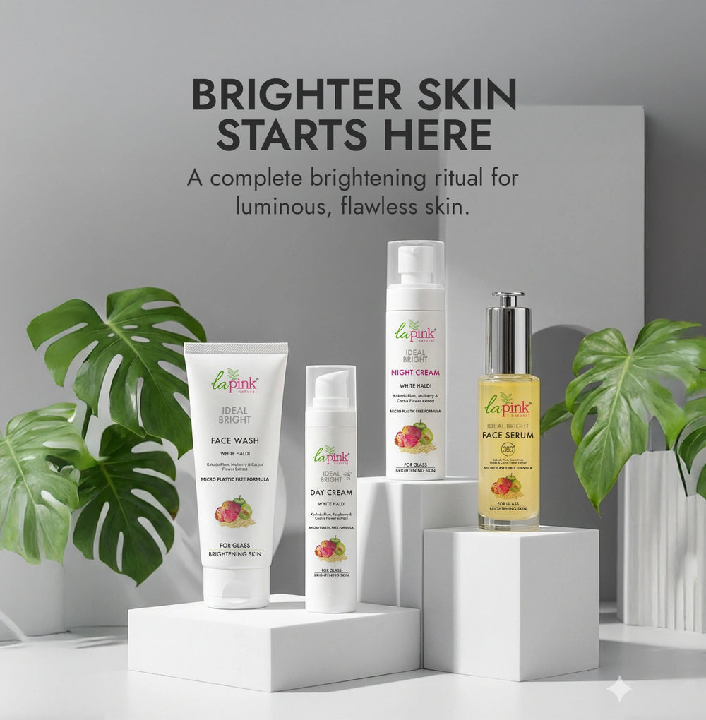 Cosmetic products including face wash, cream, and serum with text 'Brighter Skin Starts Here' on a neutral background.