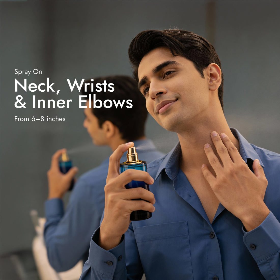 Man applying perfume spray to neck with text on neck, wrists, and inner elbows.