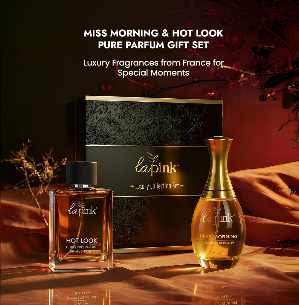 Two perfume bottles with a gift box labeled 'lapink' on a dark background.