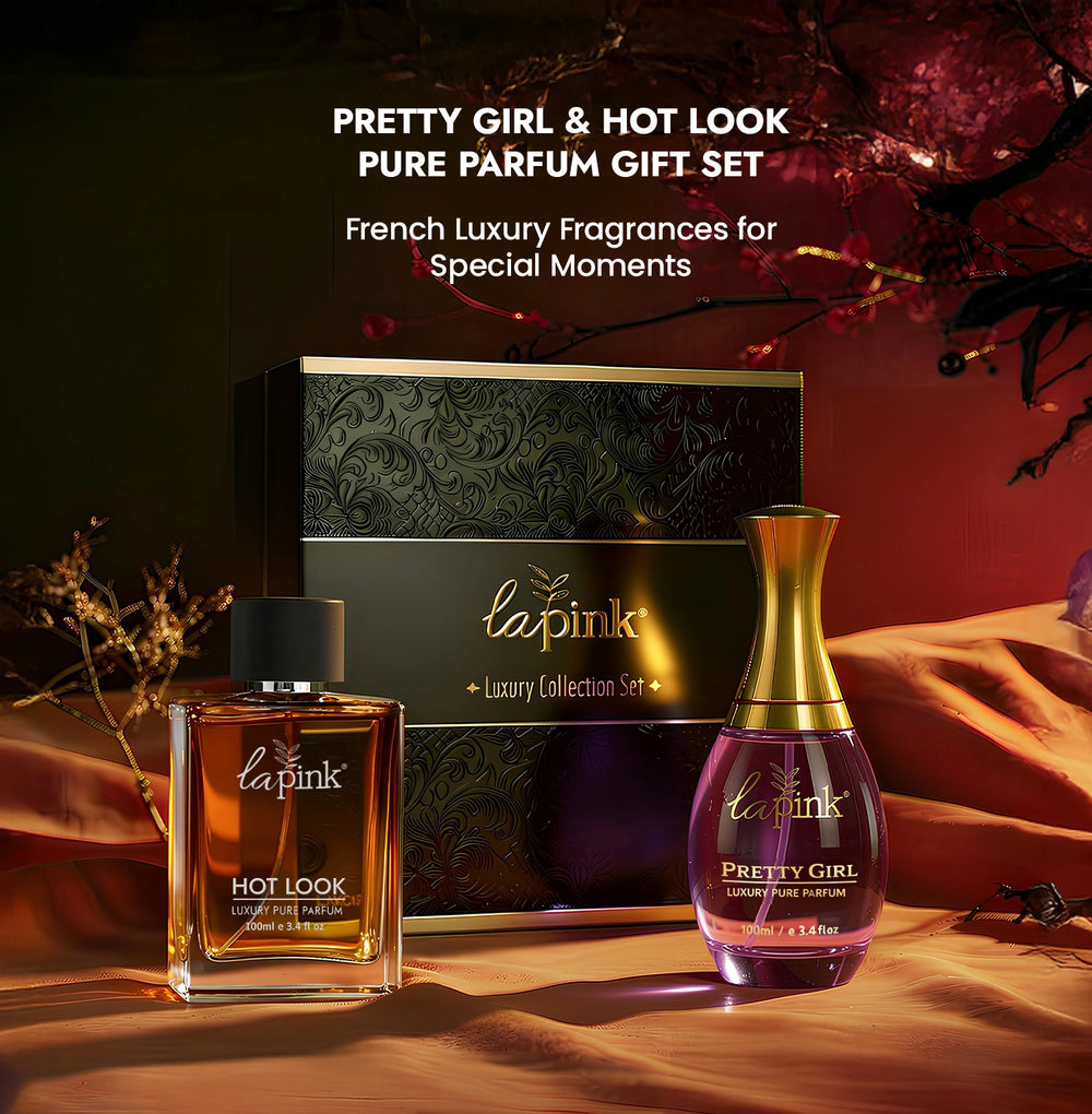Two perfume bottles with a gift set box labeled 'lapink' on a dark background.