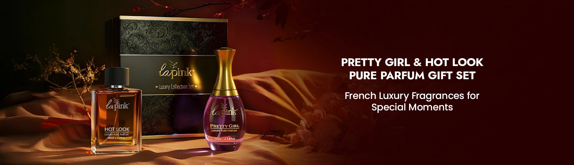 Pretty Girl & Hot Look Pure Parfum gift set with two perfume bottles on a dark background