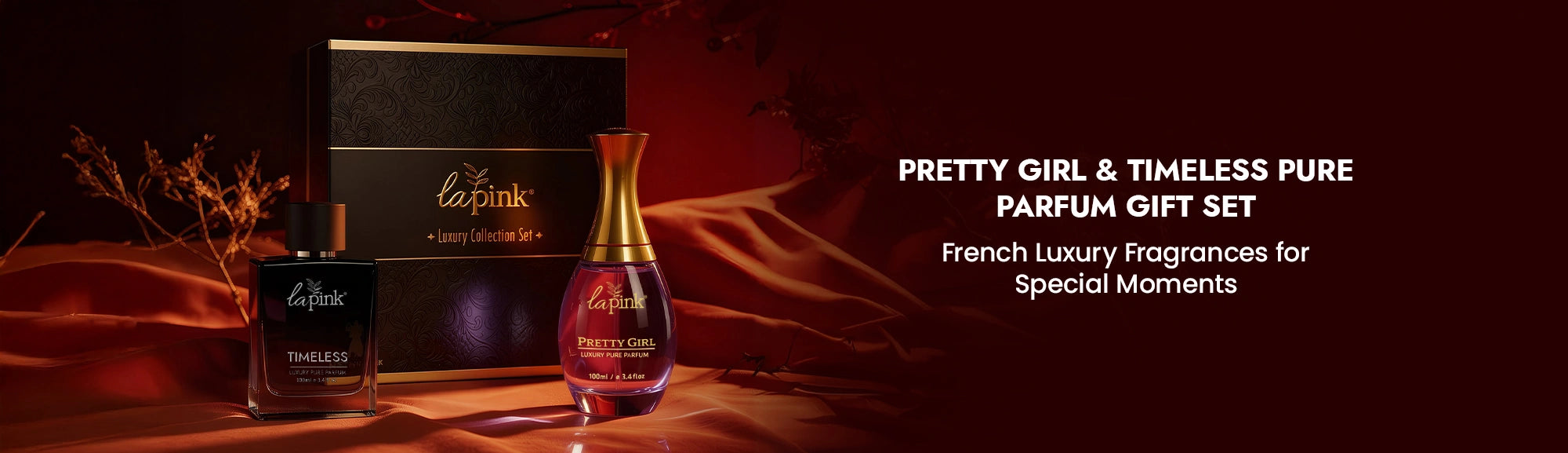 La Rive Pretty Girl & Timeless Pure Parfum gift set with packaging on a dark background