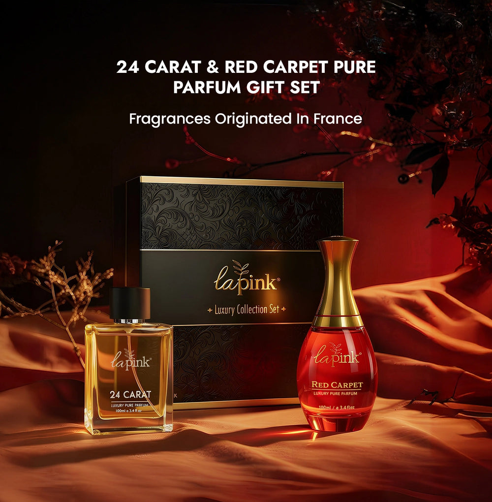 Lapink 24 Carat & Red Carpet Pure Parfum gift set with a dark background