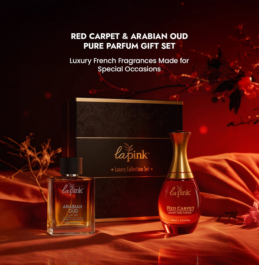 Lapink Red Carpet & Arabian Oud pure parfum gift set on a dark background