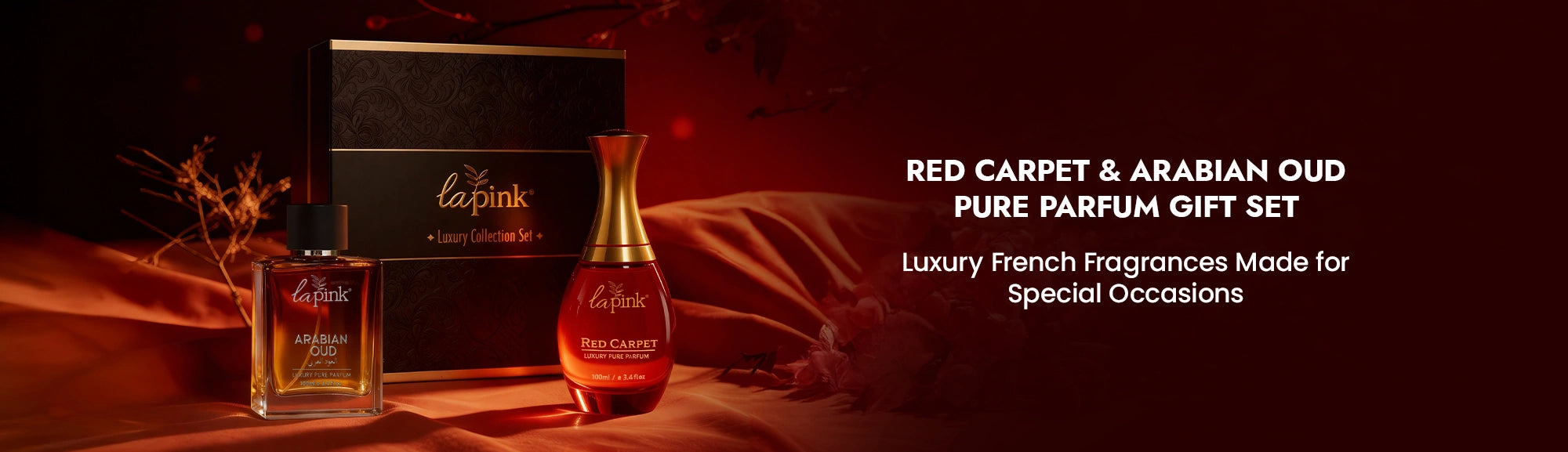 La Rive perfume gift set with bottles and packaging on a dark background