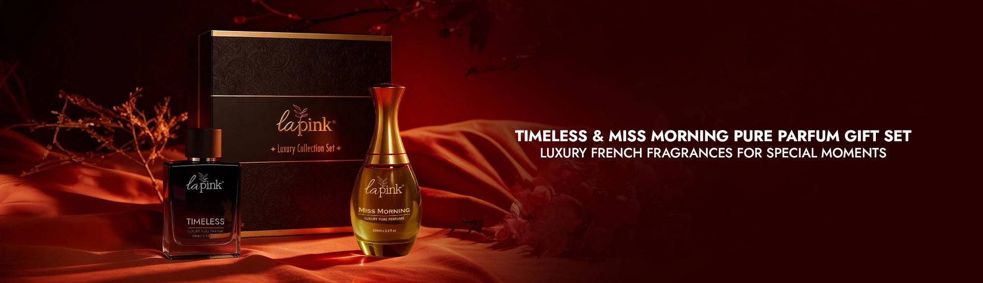 La Rive perfume gift set with a bottle and packaging on a dark background