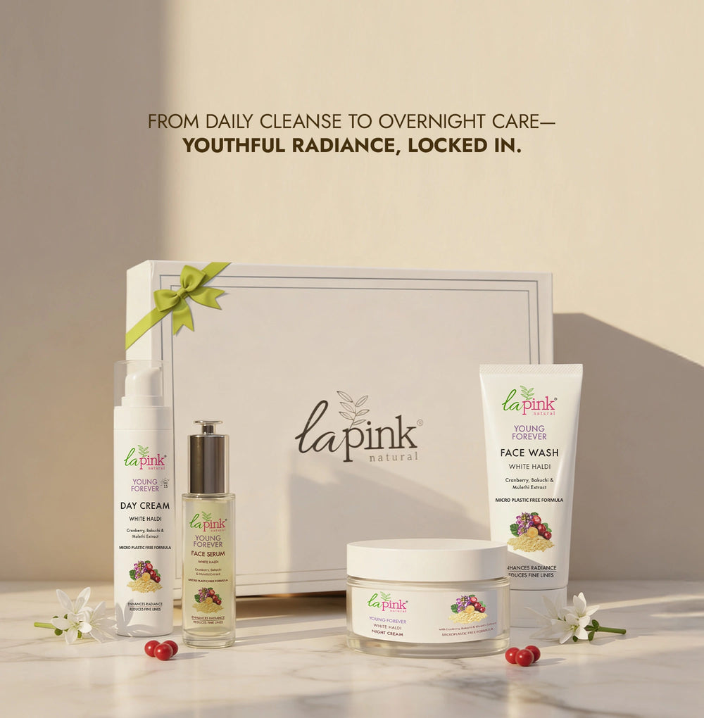 Lapink skincare products on a neutral background with promotional text.