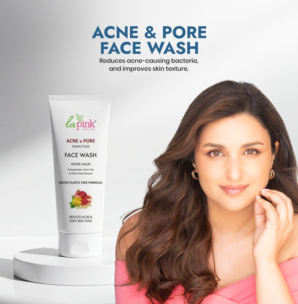 La Pink Acne & Pore Face Wash with a model and product details on a light gray background