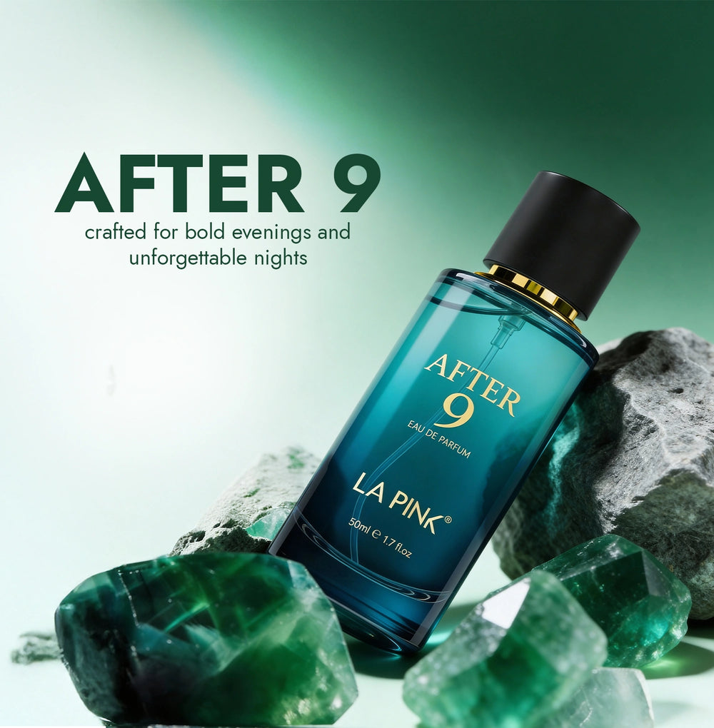 Perfume bottle labeled 'AFTER 9' by LA PINK with emeralds on a green background