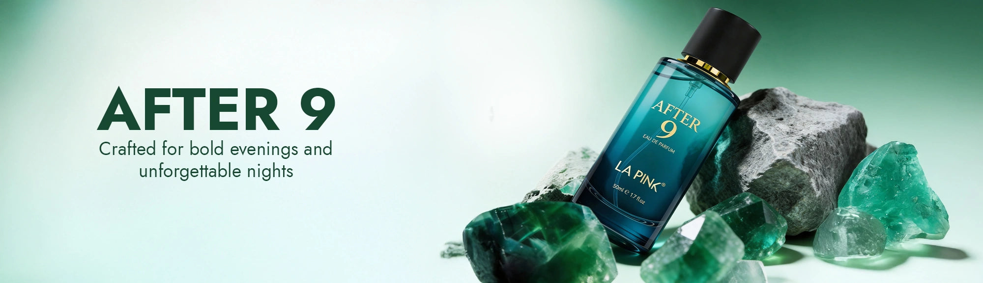 After 9 perfume bottle with emerald stones on a light green background