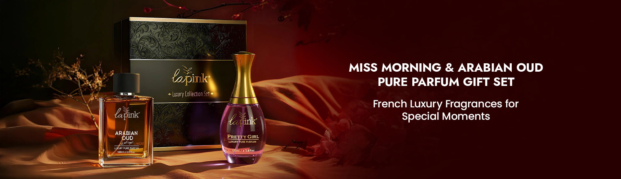 La Fleur perfume gift set with packaging on a dark background