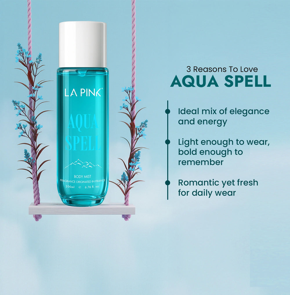 Blue bottle of LA Pink Aqua Spell body mist on a swing with text about its features.