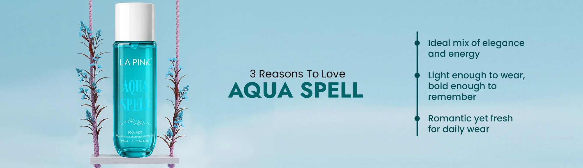 Blue bottle labeled 'Aqua Spell' on a swing with text about the product's features against a light blue background.