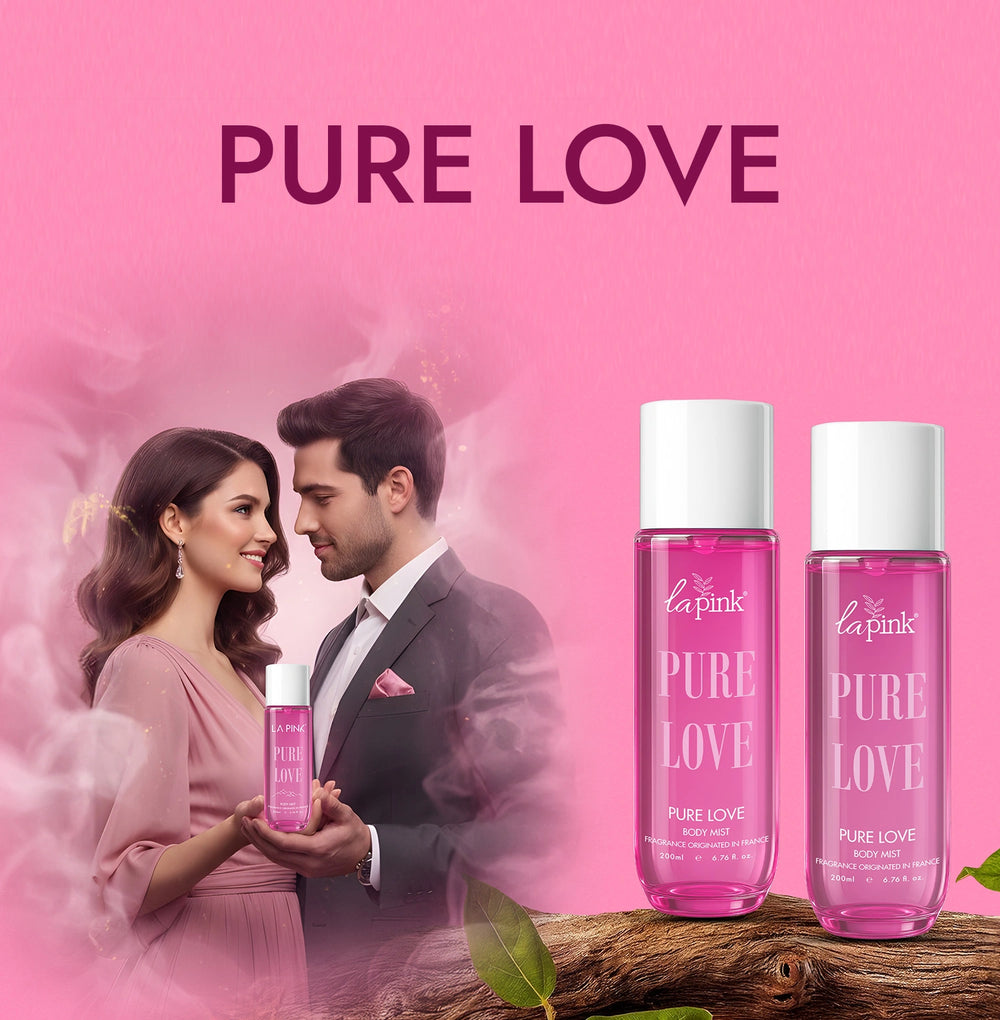 Couple holding 'la pink' Pure Love products against a pink background