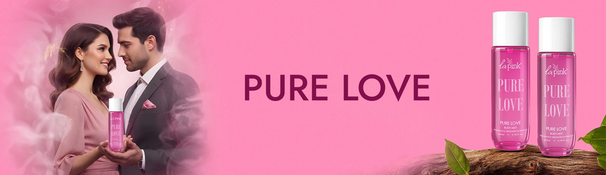 Couple holding 'PURE LOVE' products with a pink background