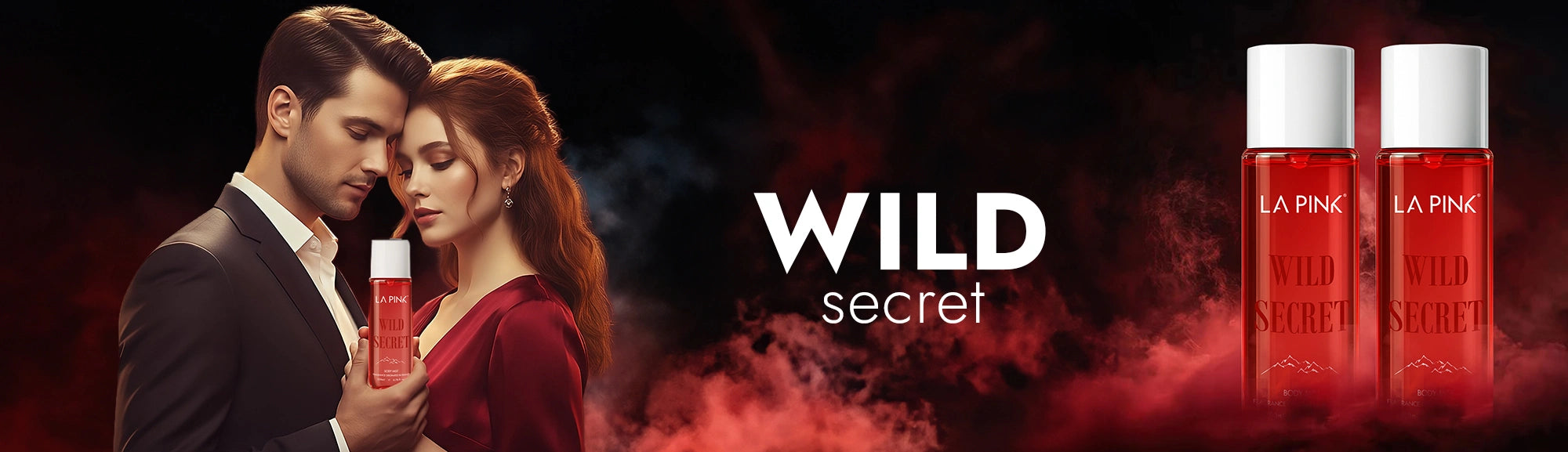 Couple holding a 'Wild Secret' product with two bottles displayed on a dark background.
