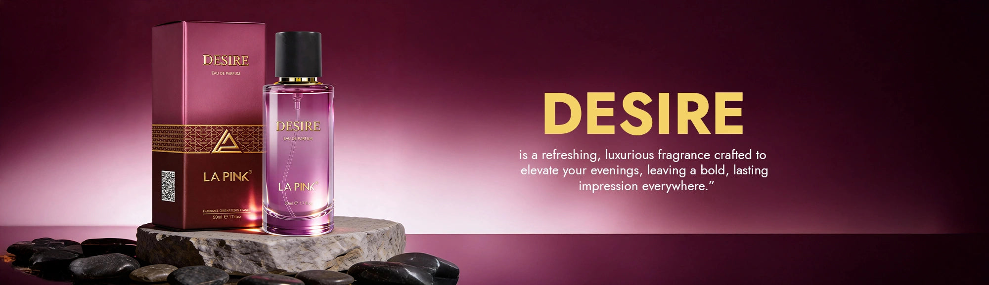 La Plume Desire perfume bottle and packaging on a purple background with text.