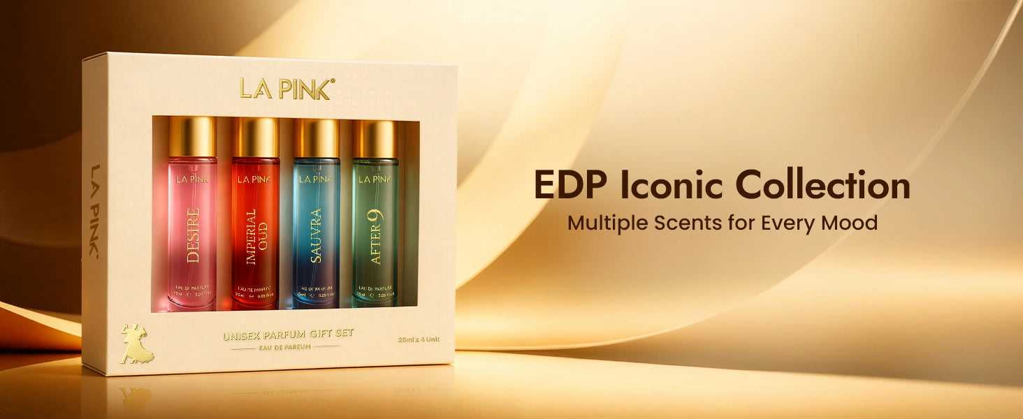 LA Pink EDP Iconic Collection gift set with four bottles in a box on a beige background