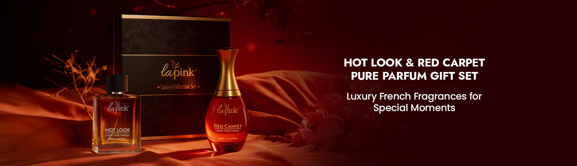 La Rive perfume gift set on a dark background with text about luxury fragrances.