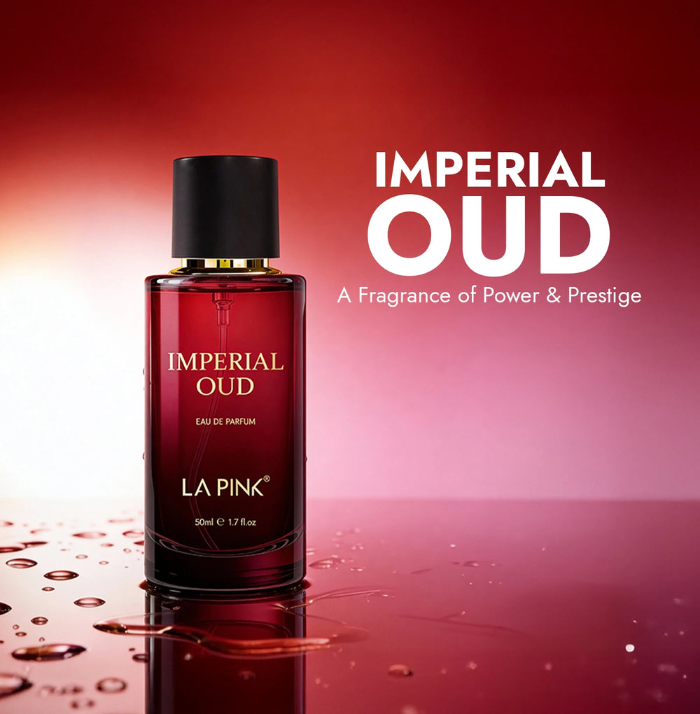 Red perfume bottle labeled 'Imperial Oud' by La Pink on a red background