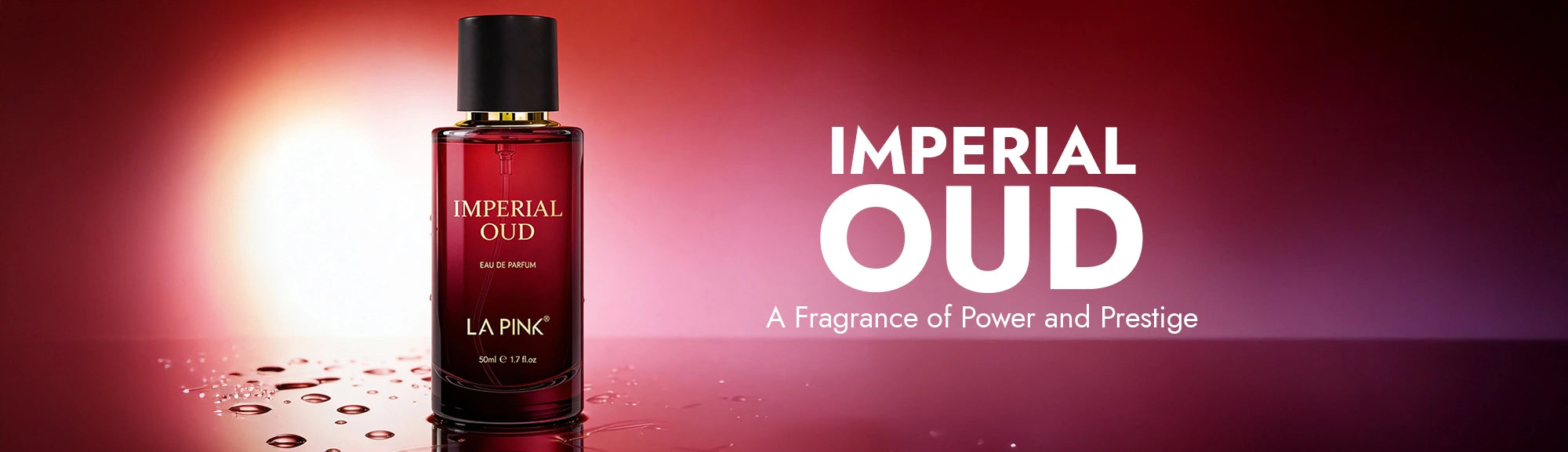 Red bottle of Imperial Oud with brand name on a red background