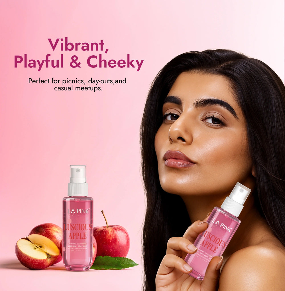 Woman holding a pink bottle with apples and text on a pink background