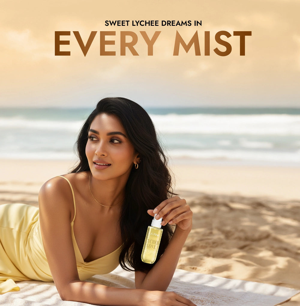 Woman holding a bottle of 'Every Mist' on a beach with text 'Sweet Lychee Dreams In Every Mist'.