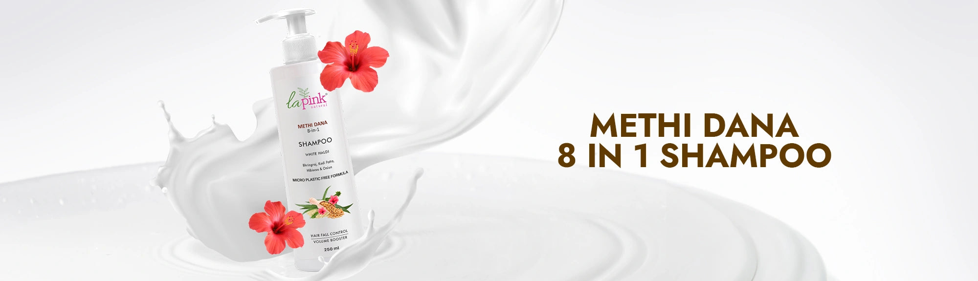 Methi Dana 8 in 1 Shampoo bottle with flowers on a white background