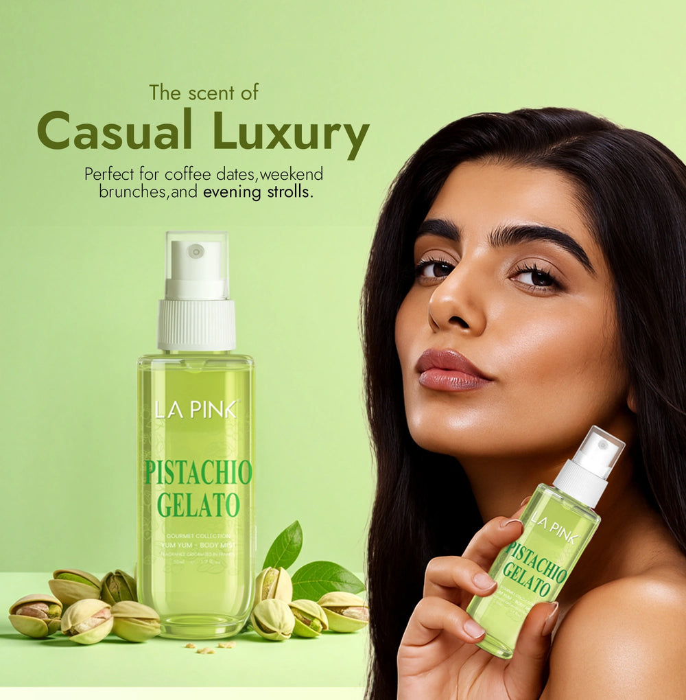 Woman holding a bottle of 'Pistachio Gelato' by LA PINK with green background and product details.