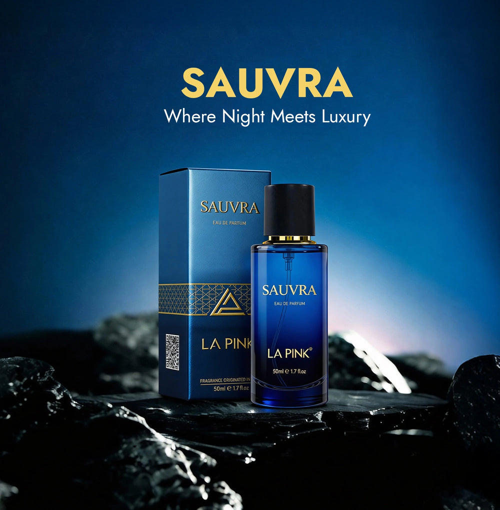 Sauvra perfume bottle and packaging on a dark background with 'Where Night Meets Luxury' text.