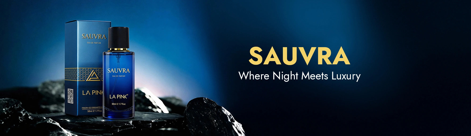 Sauvra perfume bottle and packaging on a dark background with 'Where Night Meets Luxury' text.