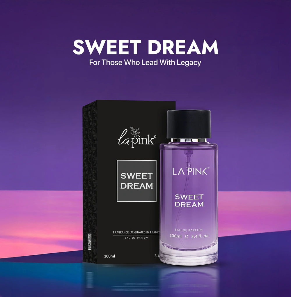 La Pink Sweet Dream perfume bottle and packaging on a gradient purple background