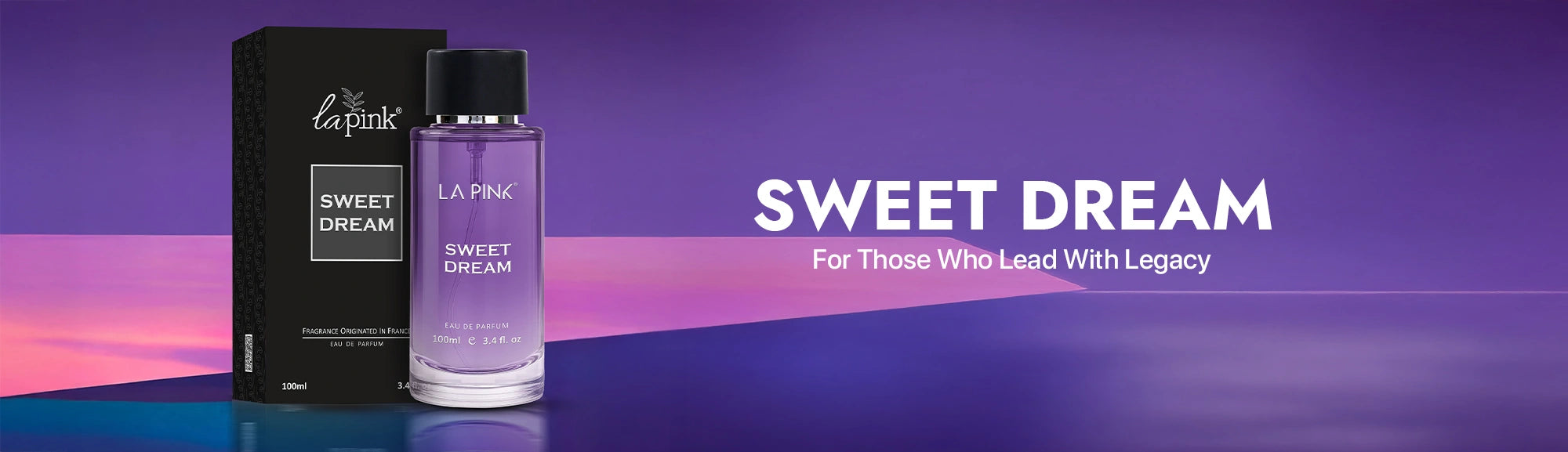La Fin's 'Sweet Dream' perfume bottle and packaging on a gradient purple background