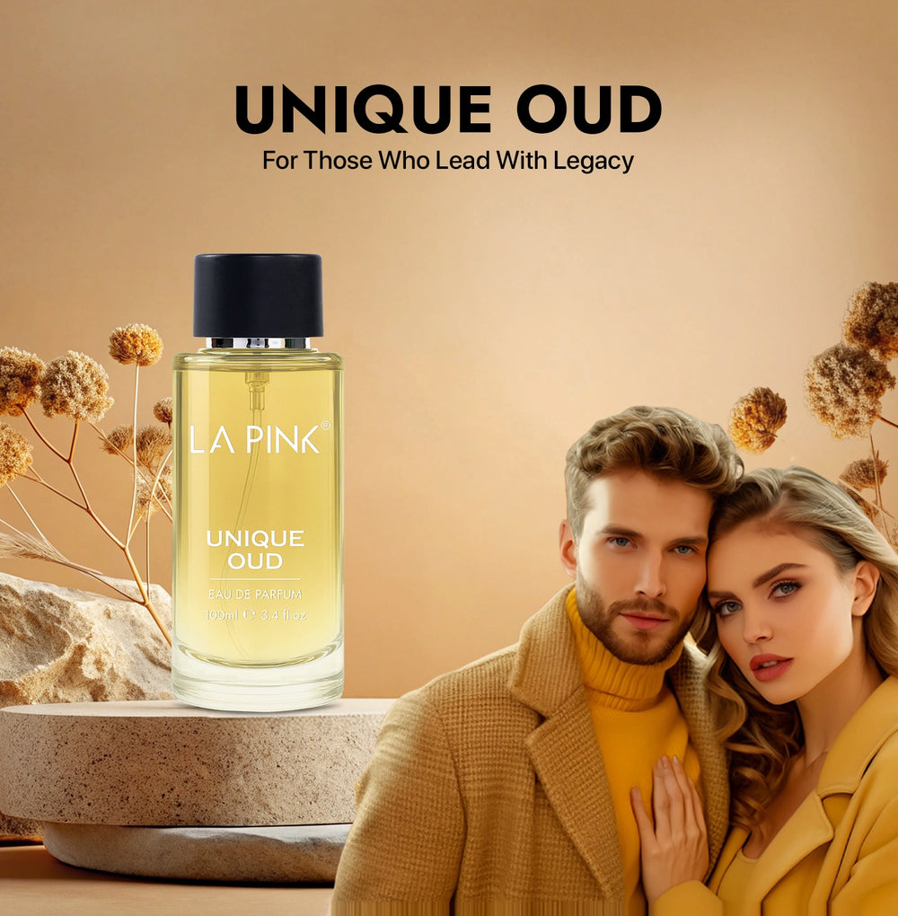 Perfume bottle labeled 'La Pink' with a couple posing against a beige background