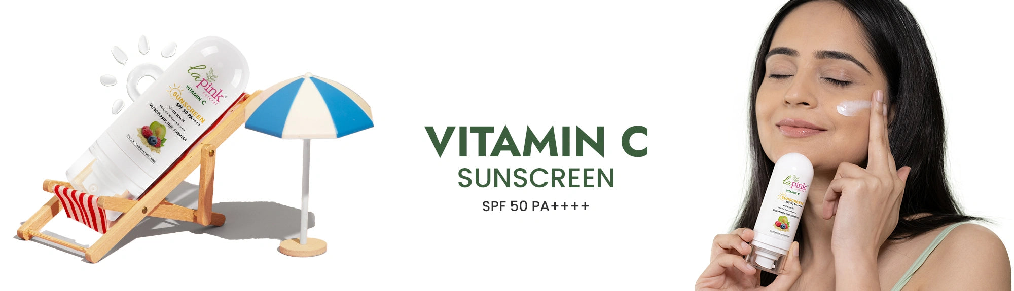 Vitamin C sunscreen with a woman applying it, beach chair, and umbrella in the background.