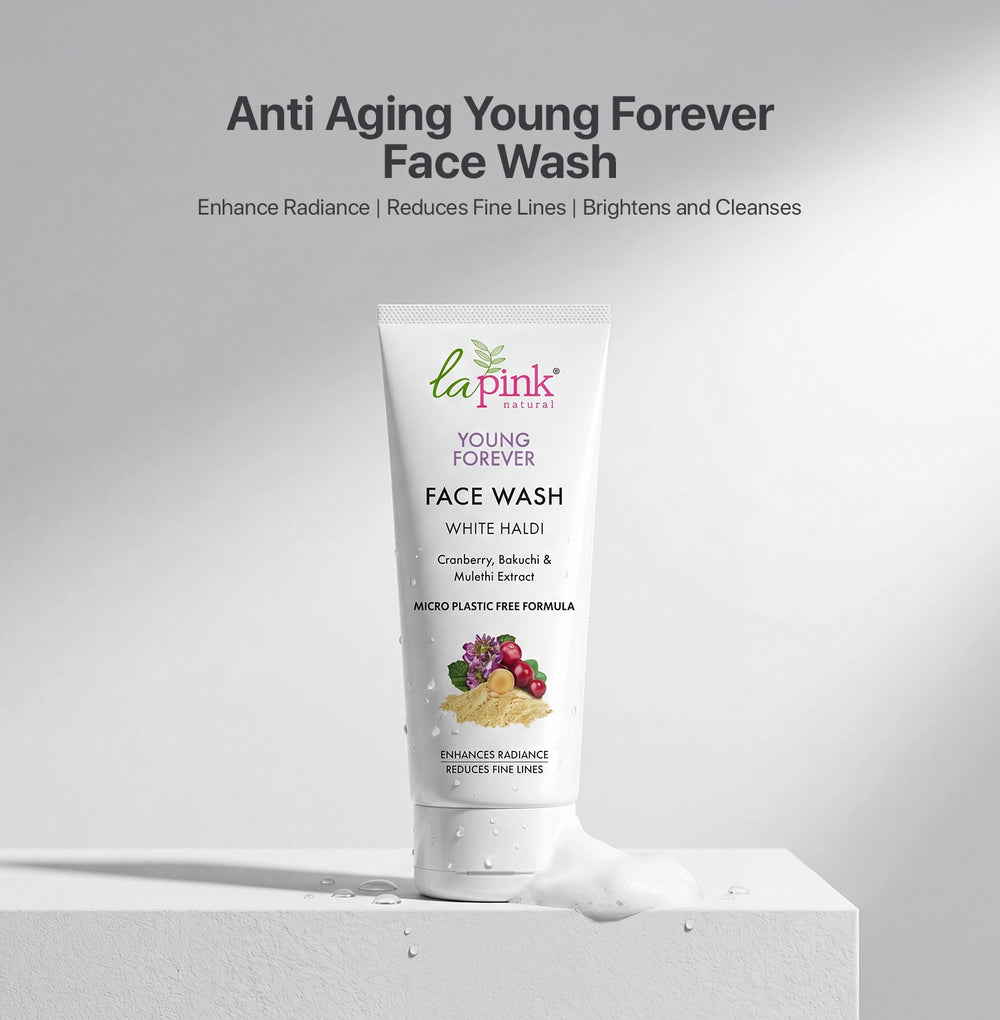 Tube of 'La Pink' Young Forever Face Wash on a gray background