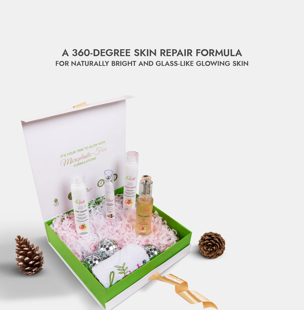 Skincare product set with bottles and a box on a light background