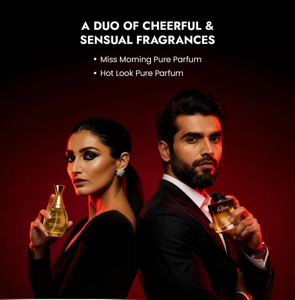Two people holding perfume bottles with text about fragrances on a dark background