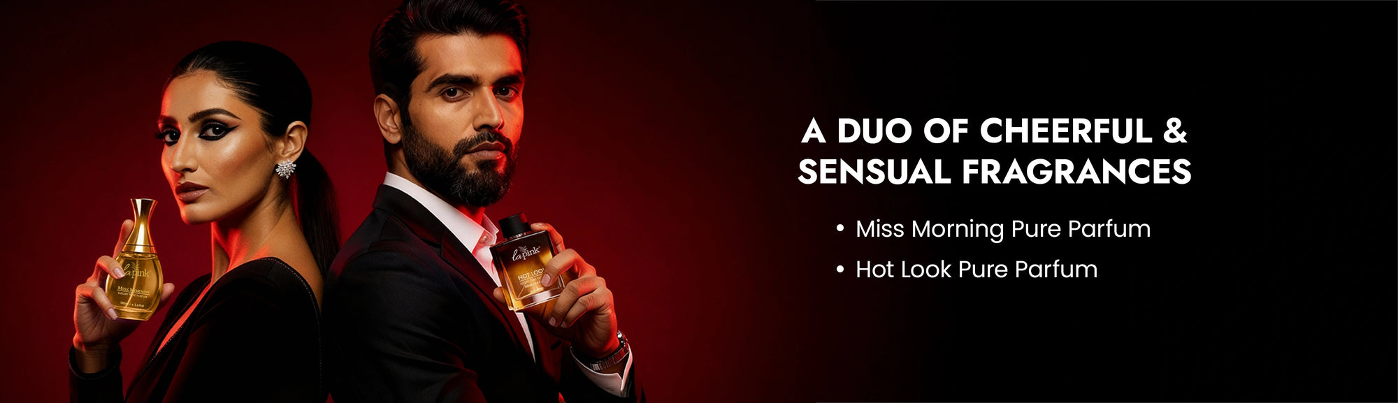 Two people holding bottles of perfume with text about fragrances on a dark background