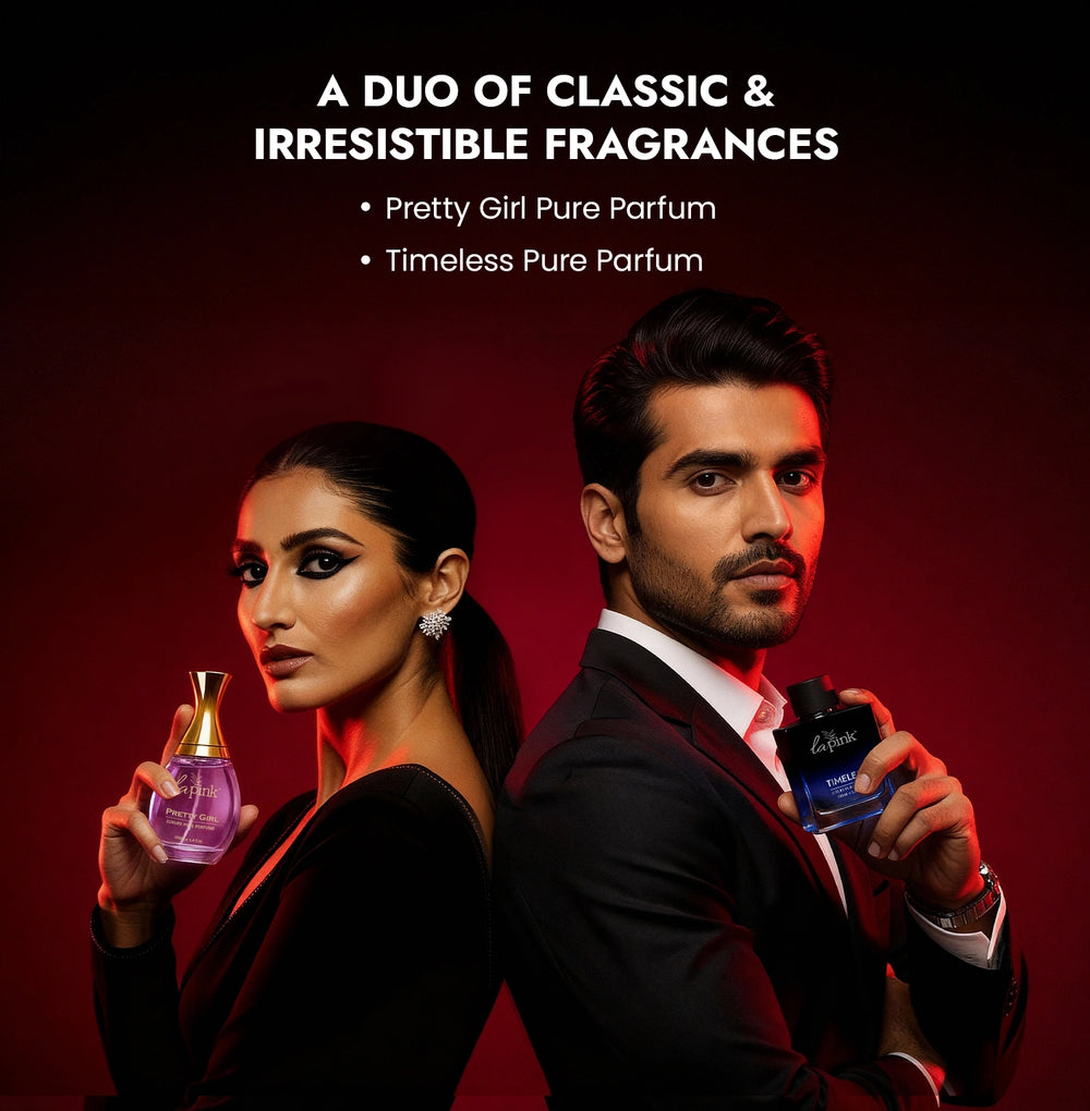Man and woman holding perfume bottles with text about fragrances on a red background