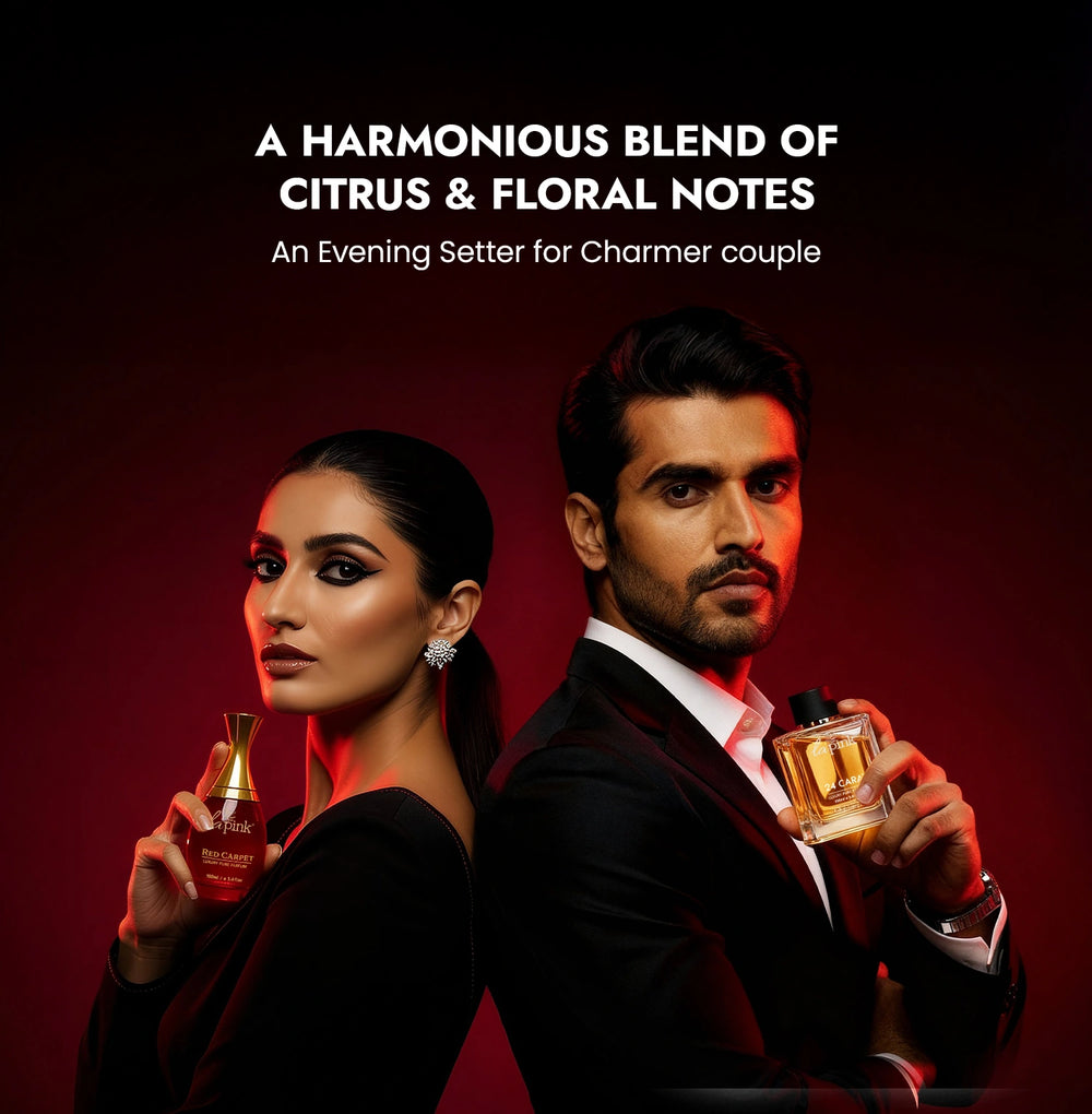 Two people holding perfume bottles with text about fragrance notes on a red background