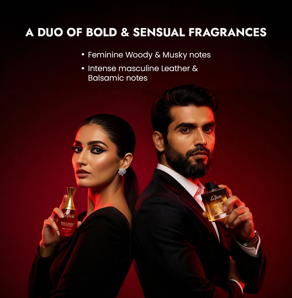 Two people holding perfume bottles with a red background and text about fragrances.