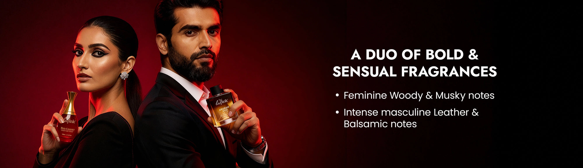 Two people holding perfume bottles with product description text on a dark background
