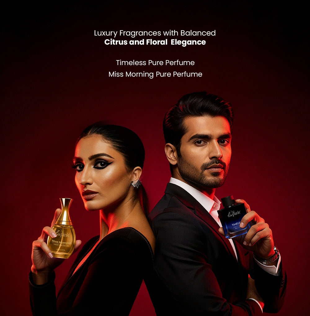 Man and woman holding perfume bottles against a red background with text about fragrance.